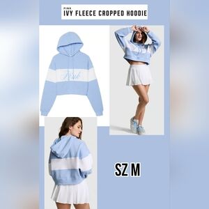 VS Pink Ivy Fleece Crop Hoodie NWT Sz M, Light Blue & White